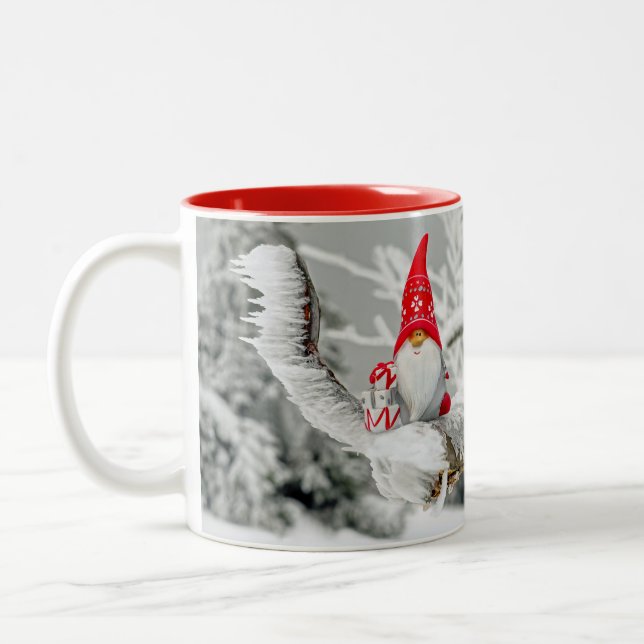 Christmas Elf Red Santa Hat Snowy Two-Tone Coffee Mug (Left)