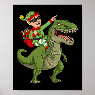 Christmas Elf Riding Dinosaur T Rex Boys Kids Fun  Poster