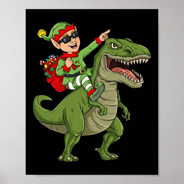 Christmas Elf Riding Dinosaur T Rex Boys Kids Fun  Poster (Front)
