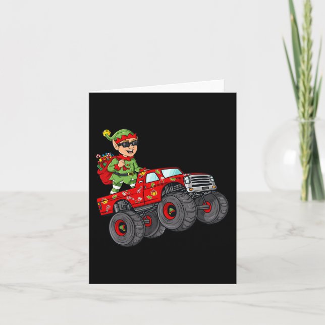 Christmas Elf Riding Monster Truck Boys Kids Famil Card (Front)