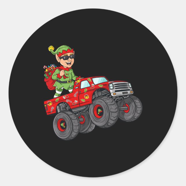 Christmas Elf Riding Monster Truck Boys Kids Famil Classic Round Sticker (Front)