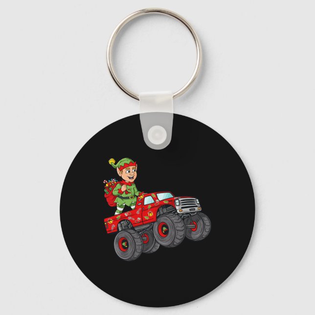 Christmas Elf Riding Monster Truck Boys Kids Famil Key Ring (Front)