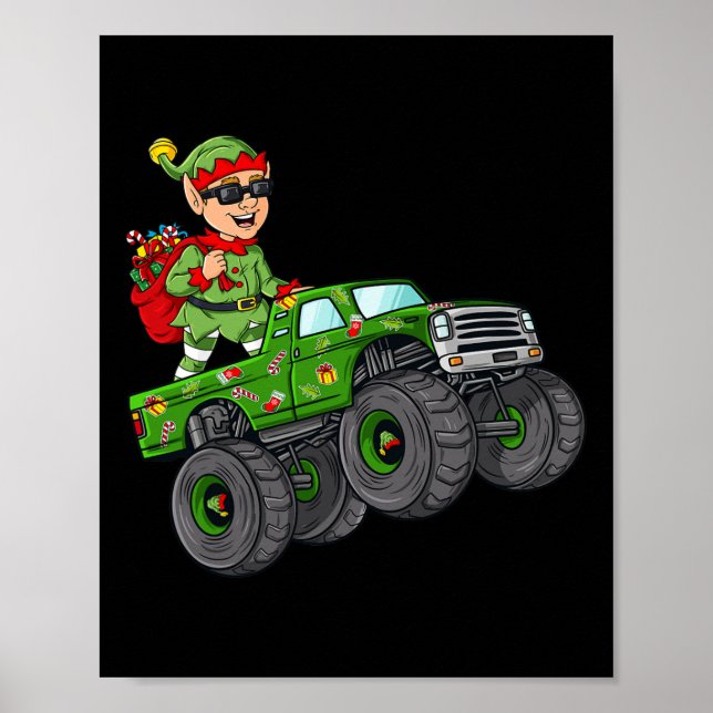 Christmas Elf Riding Monster Truck Boys Kids Famil Poster (Front)