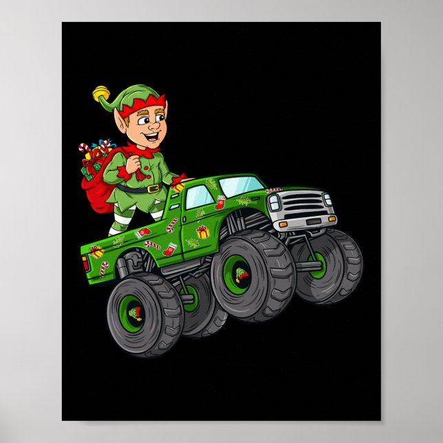Christmas Elf Riding Monster Truck Boys Kids Famil Poster (Front)