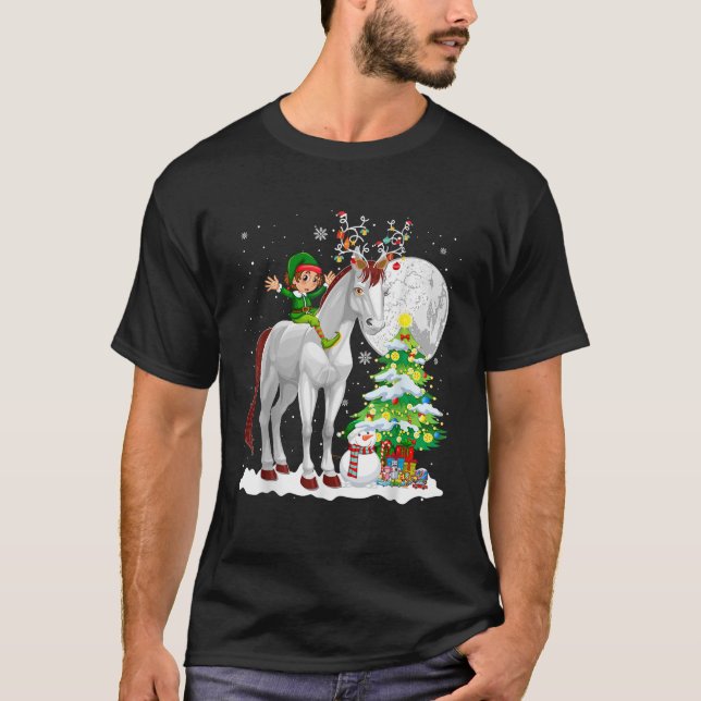 Christmas Elf Riding Reindeer Horse Snowman Xmas T T-Shirt (Front)