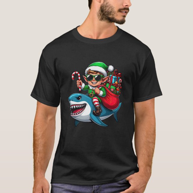 Christmas Elf Riding Shark Santa Hat Candy Cane Xm T-Shirt (Front)