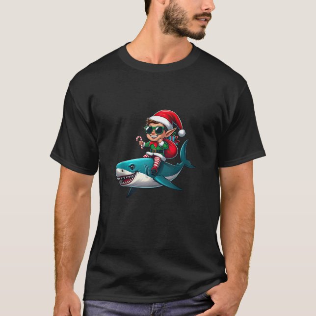 Christmas Elf Riding Shark Sunglasses Santa Hat Ca T-Shirt (Front)