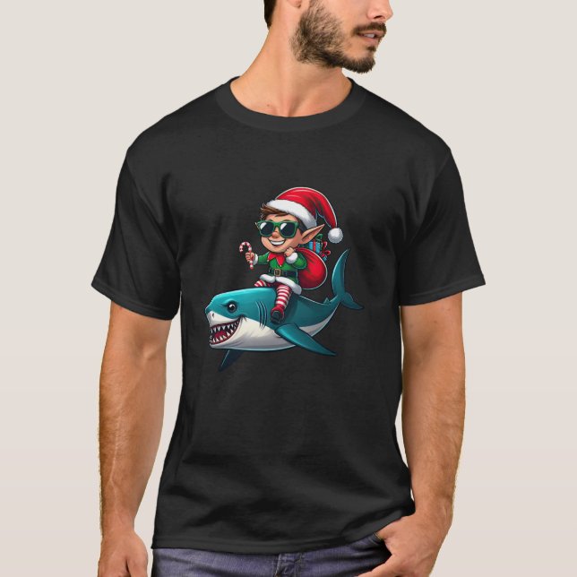 Christmas Elf Riding Shark Sunglasses Santa Hat Ca T-Shirt (Front)
