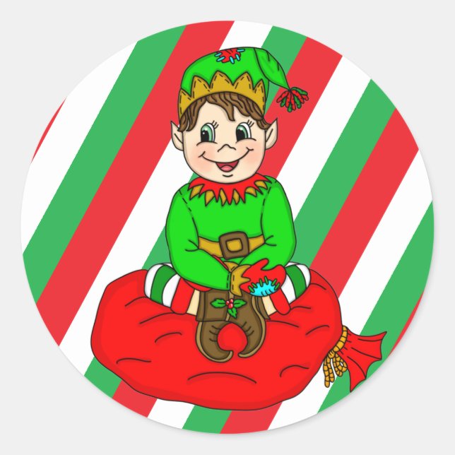 Christmas Elf sitting on Santa's Toy Bag  Classic Round Sticker (Front)