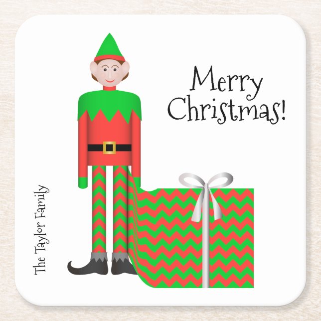 Christmas Elf Square Coaster -Chevron Gift Package (Front)