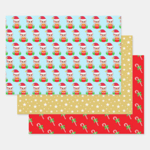 Christmas elf, star pattern & candy canes on red wrapping paper sheet
