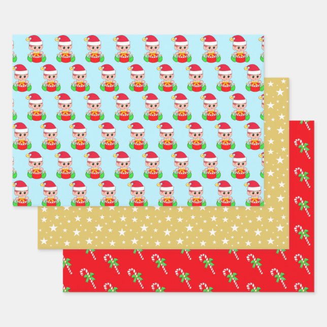 Christmas elf, star pattern & candy canes on red wrapping paper sheet (Set)