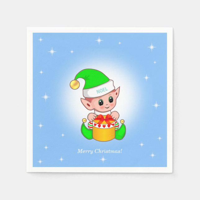 Christmas elf & stars on light blue napkin (Front)