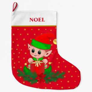Christmas elf, stars, poinsettia and pine on red large christmas stocking
