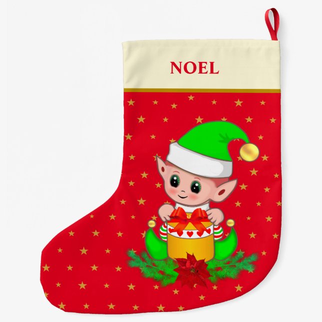Christmas elf, stars, poinsettia & pine on red large christmas stocking (Back)