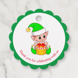 Christmas elf thank you on green and white favour tags