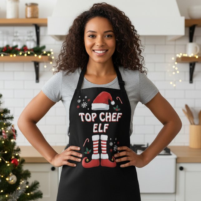 Christmas Elf Top Chef Holiday Black T-Shirt Apron (Creator Uploaded)