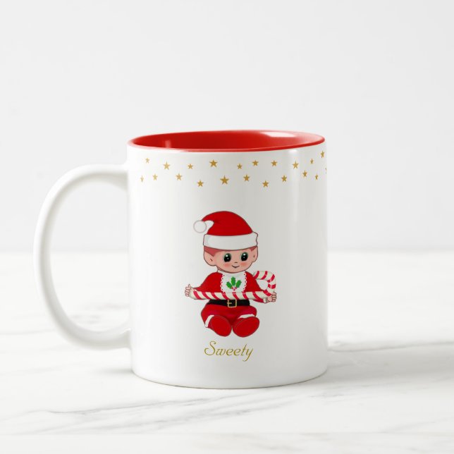 Christmas elf with candy cane, golden stars & text Two-Tone coffee mug (Left)