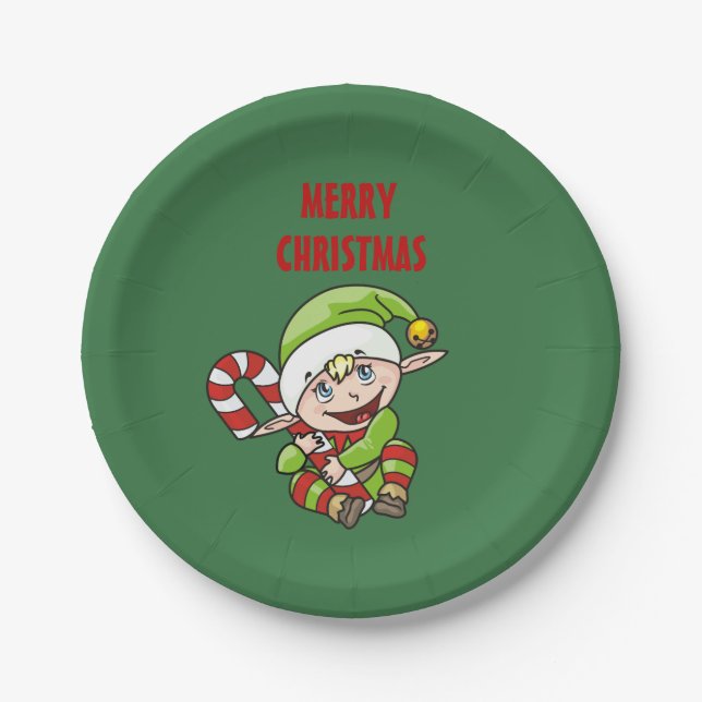 Christmas Elf With Candy Cane Paper Plate (Front)