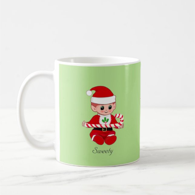 Christmas elf with candy cane & text on green coffee mug (Left)