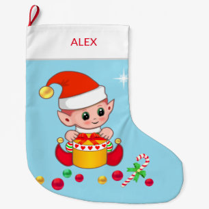 Christmas elf with Christmas balls on light blue Large Christmas Stocking