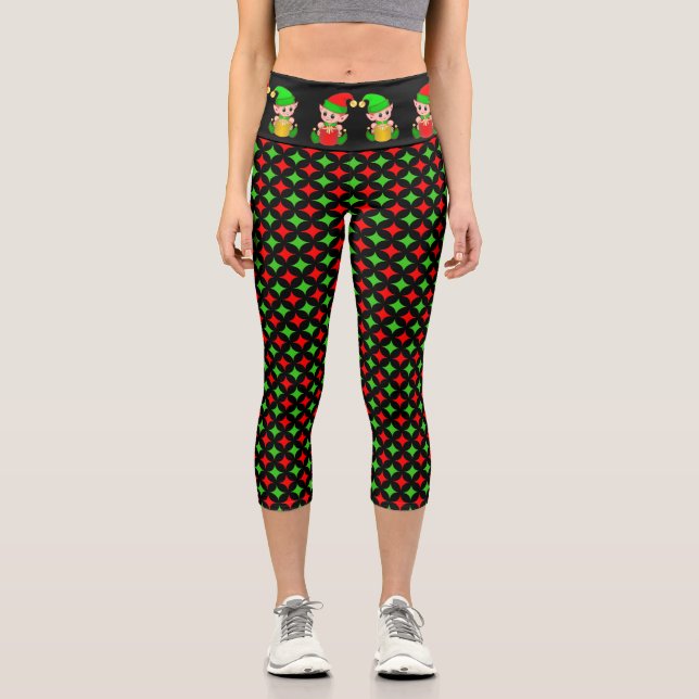 Christmas elf with green red diamond star pattern  capri leggings (Front)