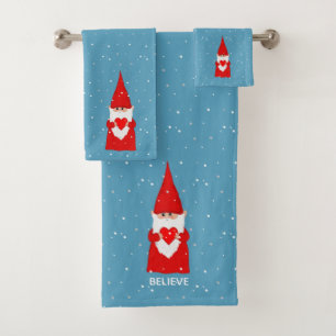 Christmas Elf with Heart on Sapphire Blue Bath Towel Set
