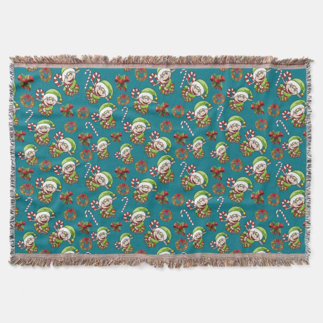 Christmas Elf with holly, wreath & peppermint Throw Blanket (Front)