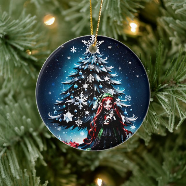 Christmas Elf with Kitten.  Ceramic Ornament (Tree)