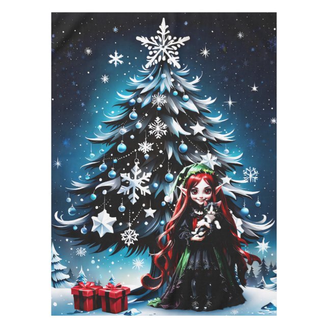 Christmas Elf with Kitten.  Tablecloth (Front)