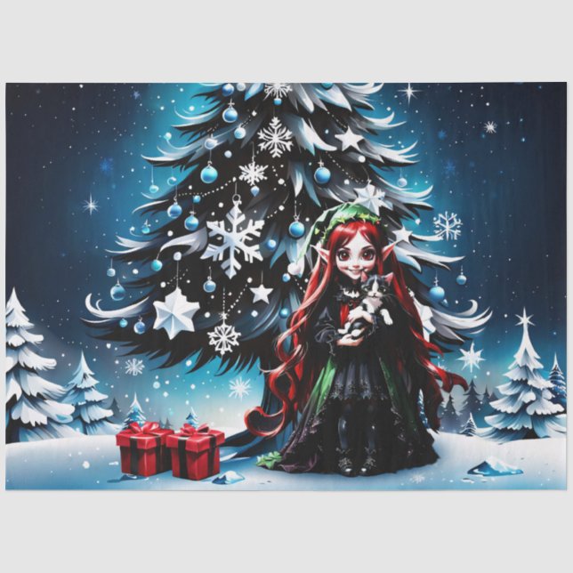 Christmas Elf with Kitten.  Tissue Paper (Front)