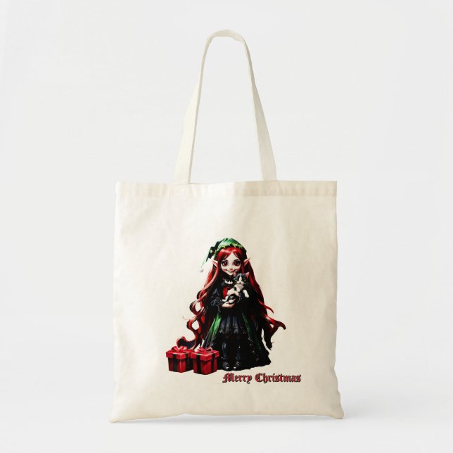 Christmas Elf with Kitten.  Tote Bag (Front)