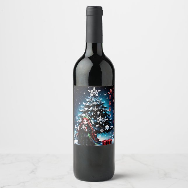Christmas Elf with Kitten.  Wine Label (Front)
