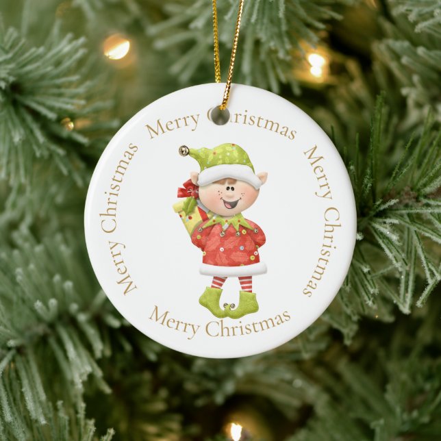 Christmas Elf with Present Ceramic Ornament (Tree)
