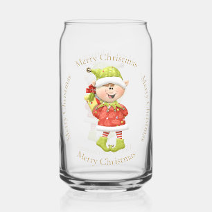 Christmas Elf with Present Merry Christmas Can Glass