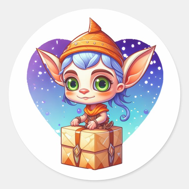 Christmas Elf with Snowy Background Classic Round Sticker (Front)