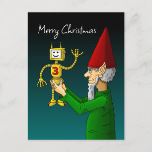 Christmas elf with the waving robot postcard
