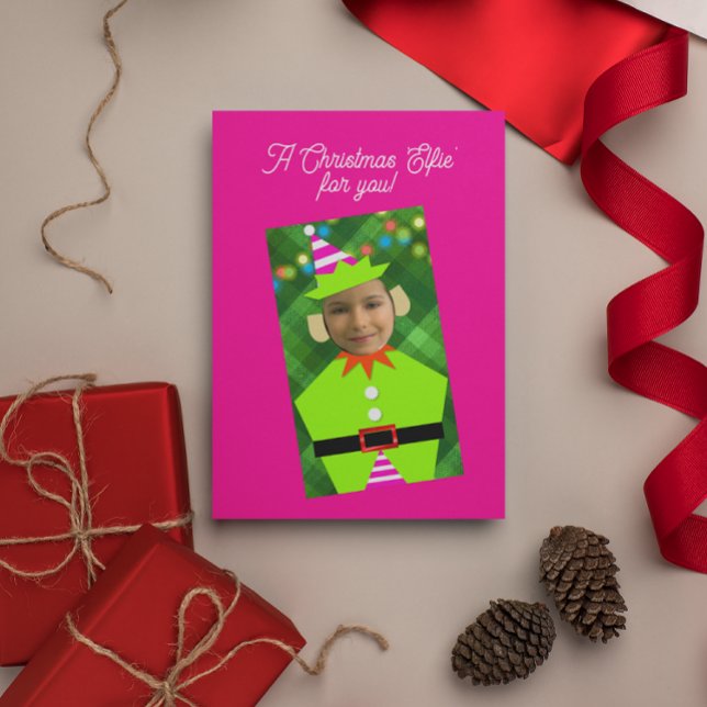 Christmas Elfie Pink Personalized Photo Christmas Holiday Card (Creator Uploaded)