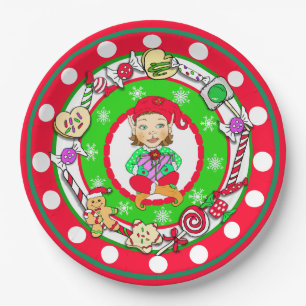 Christmas Elfs Whimsical Candy Polka Dot Paper Plate