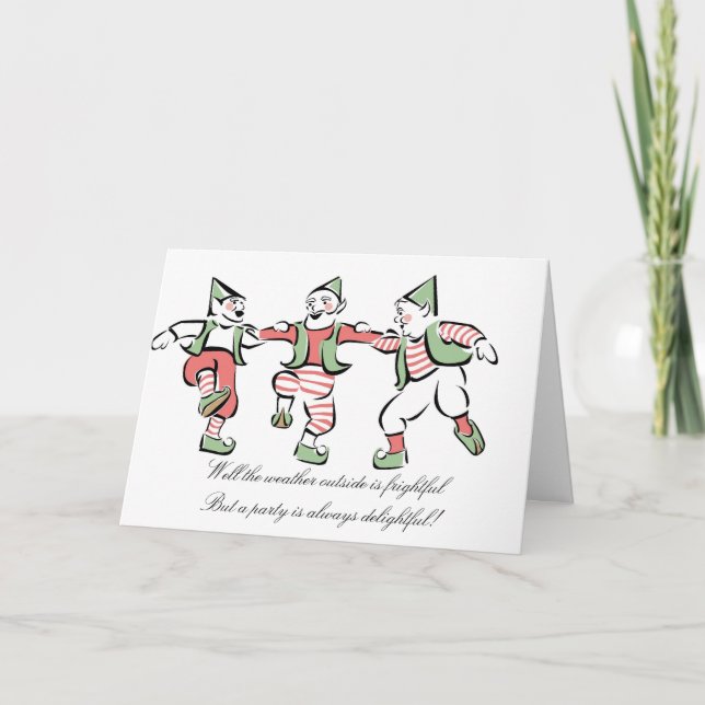 "Christmas Elves Dancing" Holiday Party Invitation (Front)
