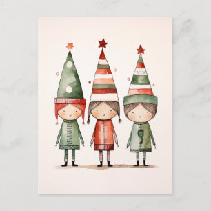 Christmas Elves in Festive Hats Postcard