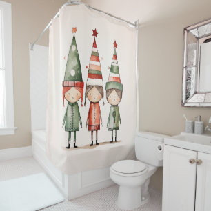 Christmas Elves in Festive Hats Shower Curtain