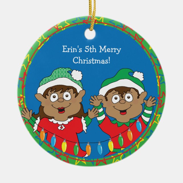 Christmas Elves of Colour Ceramic Ornament (Front)