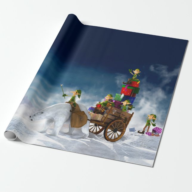 Christmas Elves with a Polar Bear Wrapping Paper (Unrolled)