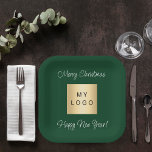 Christmas emerald green cafe bar business logo paper plate<br><div class="desc">A classic emerald green coloured background. Personalise and add your business,  company logo. Text: Merry Christmas. Happy New Year!
For company events,  parties,  marketing,  promotion.</div>