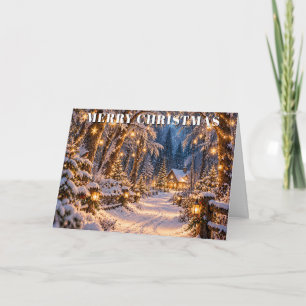 Christmas Enchanted Snowy Forest Cottage Holiday Card