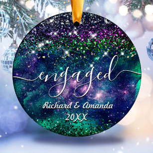 Christmas engaged married purple green glitter ceramic ornament
