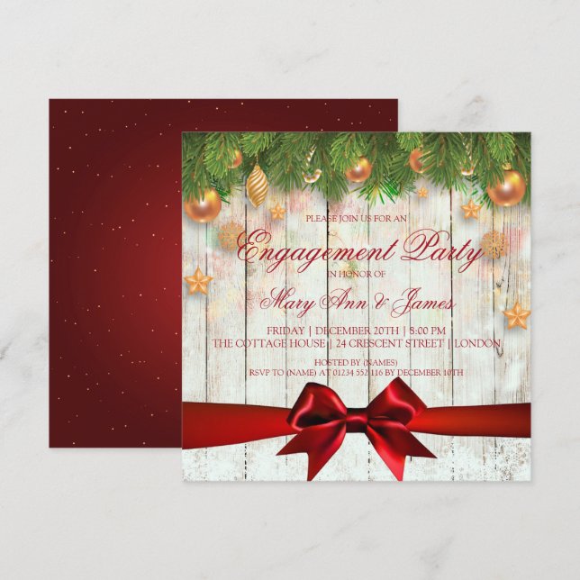 Christmas Engagement Party Gold Decor & Red Ribbon Invitation (Front/Back)