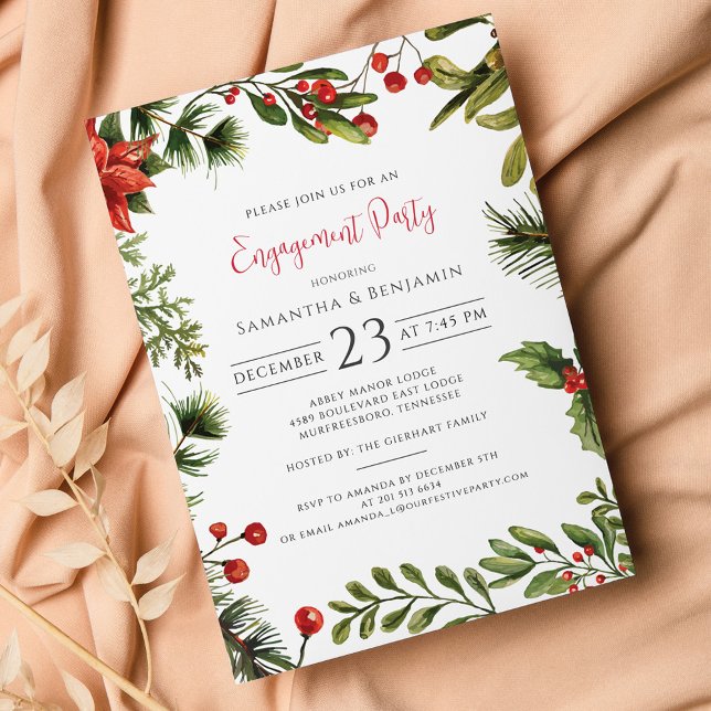 Christmas Engagement Party Greenery Invitation (Christmas Engagement Party Botanical Greenery Berries Invitation)