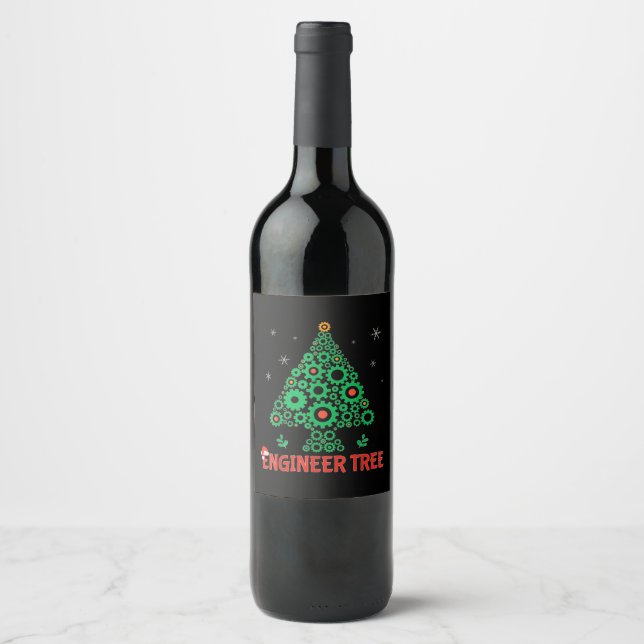 Christmas Engineer Tree Mechanical Engineering Wine Label (Front)
